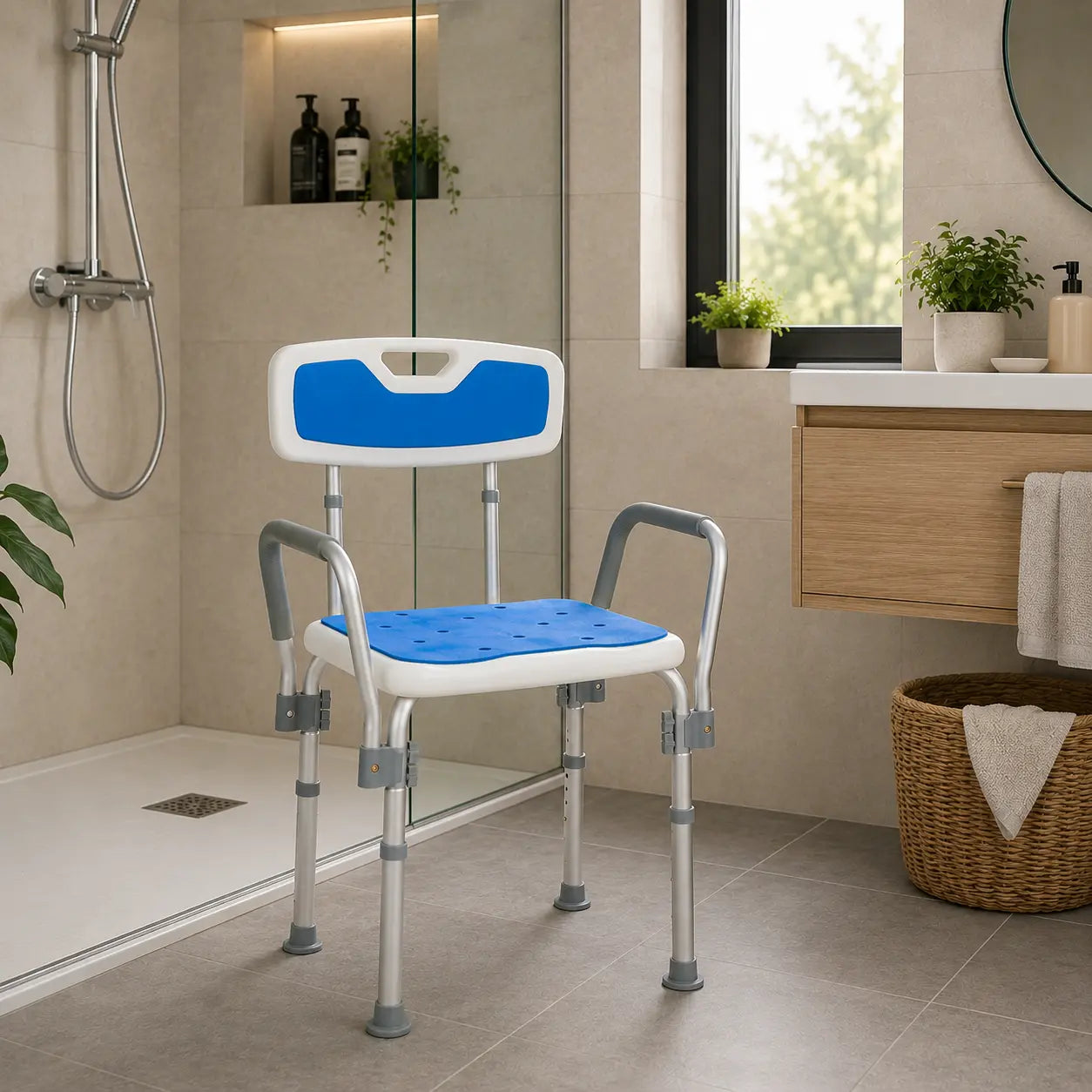TrueSafe douchestoel met armleuningen en rugleuning in een moderne badkamer. Verstelbare douche stoel voor veilig en comfortabel douchen met extra ondersteuning.