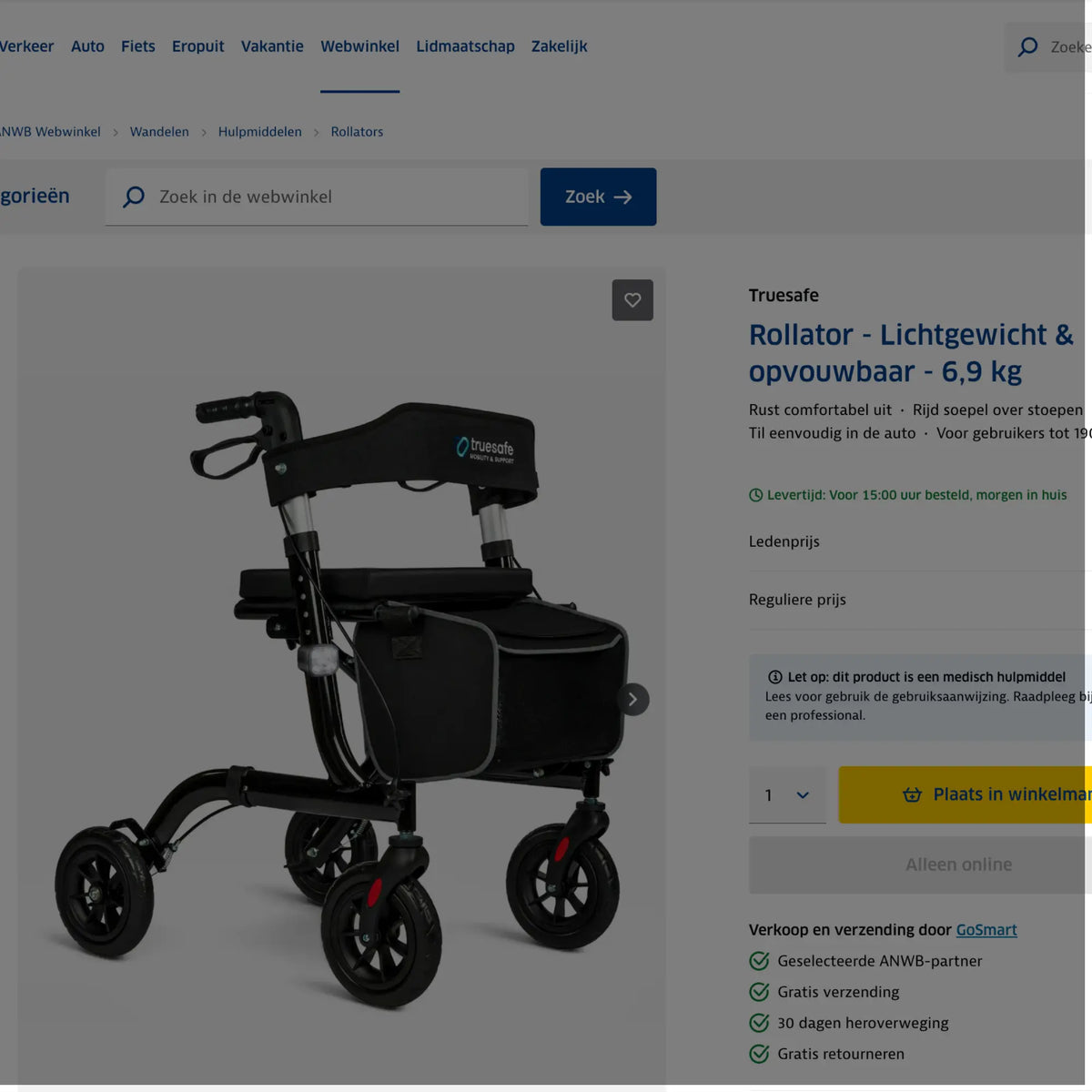 TrueSafe Comfort Series rollator nu ook verkrijgbaar via de ANWB Webwinkel
