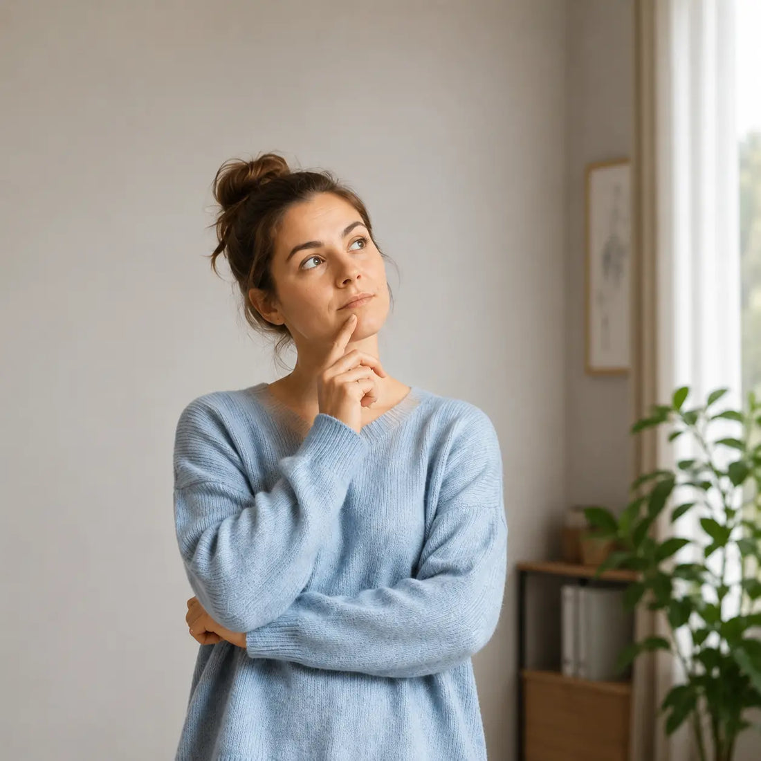 Vrouw denkt na over de keuze tussen loopkrukken kopen of huren.