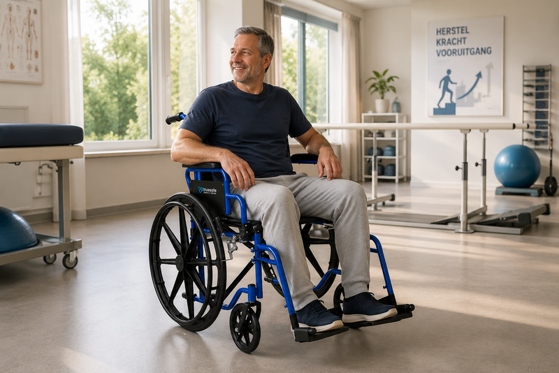 Man in een TrueSafe lichtgewicht rolstoel tijdens revalidatie in een modern revalidatiecentrum.
