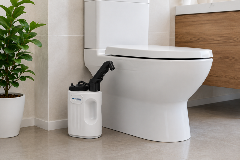 TrueSafe mobiele bidet naast het toilet voor comfortabele en hygiënische persoonlijke verzorging thuis.