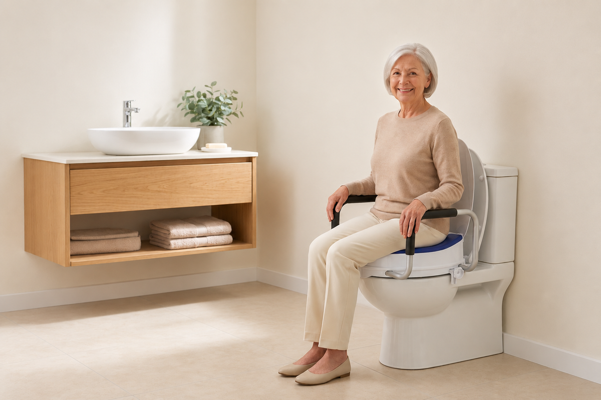 Oudere vrouw zit comfortabel op de TrueSafe toiletverhoger met armleuningen in de badkamer.