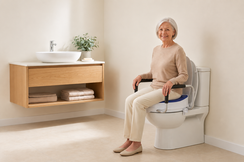 Oudere vrouw zit comfortabel op de TrueSafe toiletverhoger met armleuningen in de badkamer.